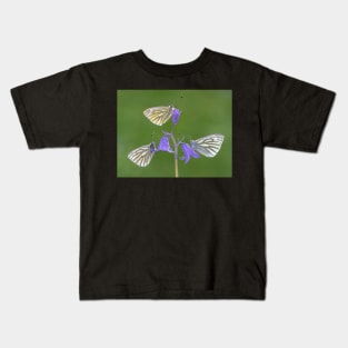 Three Green-veined White Butterflies on a Bluebell Kids T-Shirt